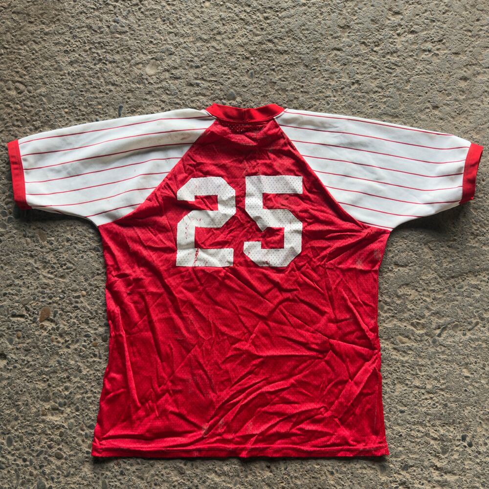 Vintage 70s Athletic Ringer Baseball Pinstriped Shirt Mesh Red Men's Large 25